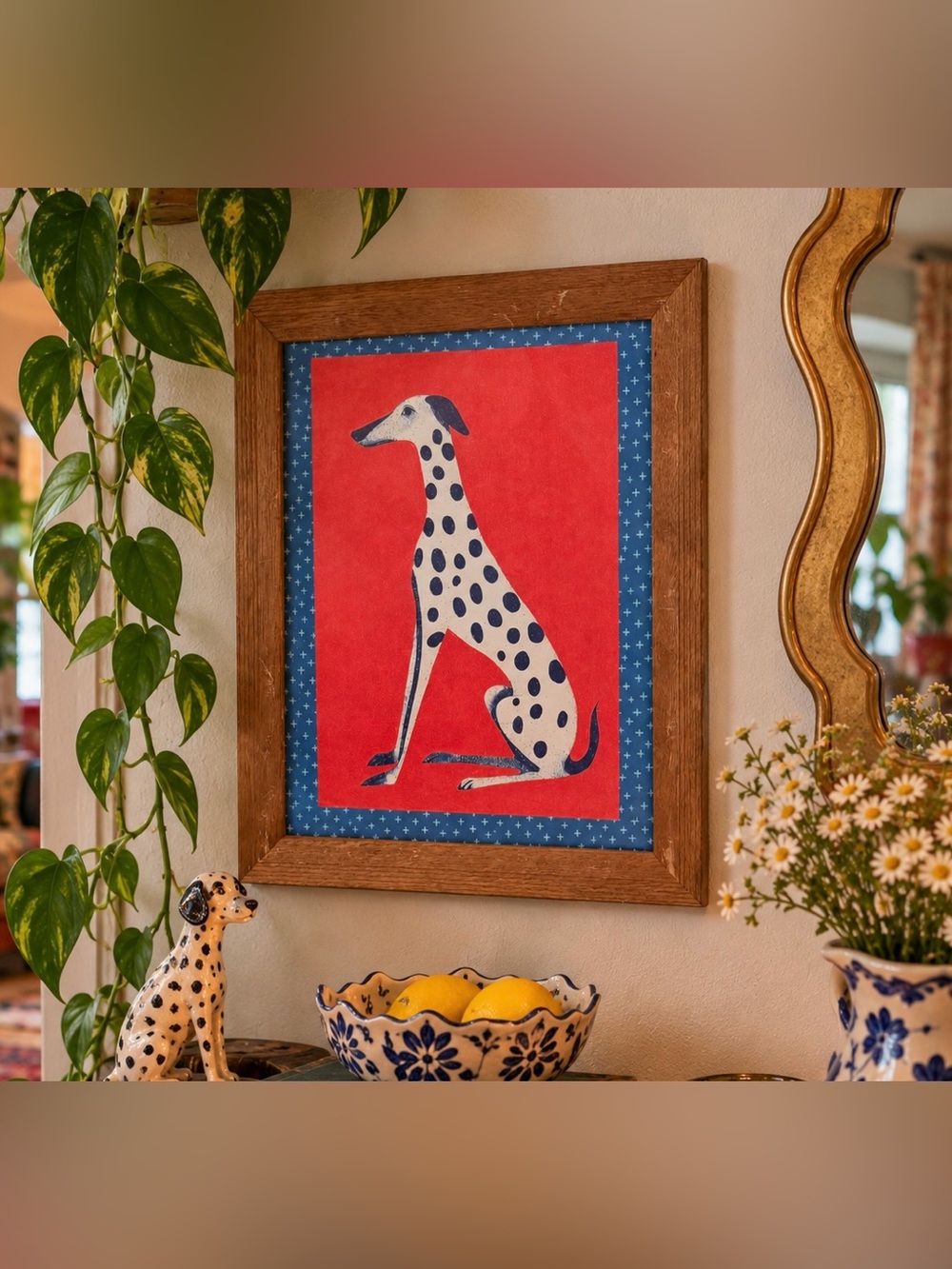 Dalmatian Dog Framed Wall Art Print Red Blue Folk Art Vintage Wood Frame 12x15”